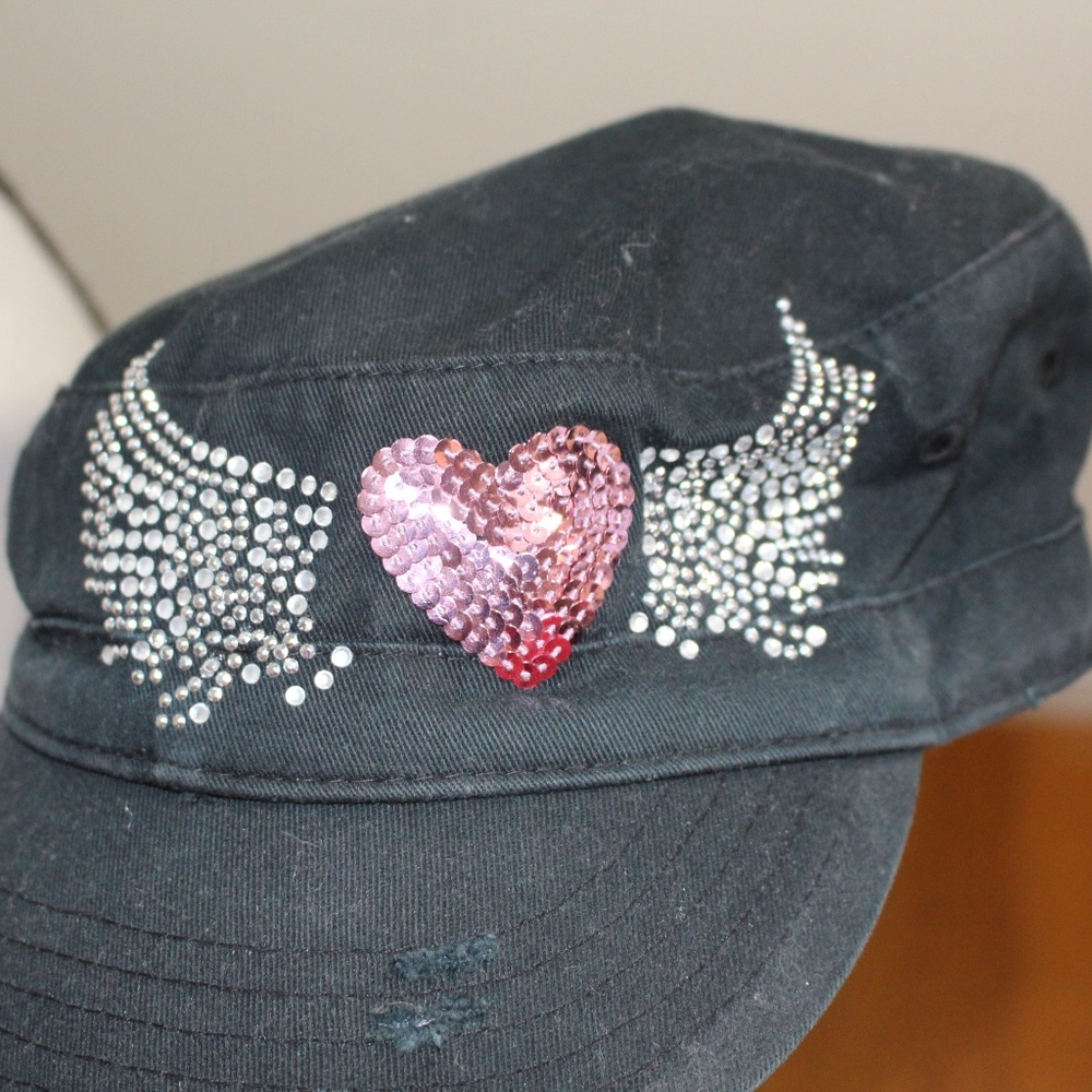 Black distressed  Cap with Pink Heart and Silver wings Accents